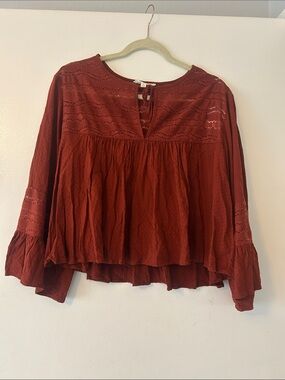 Boho Tie-Neck Peasant Blouse in Rust
